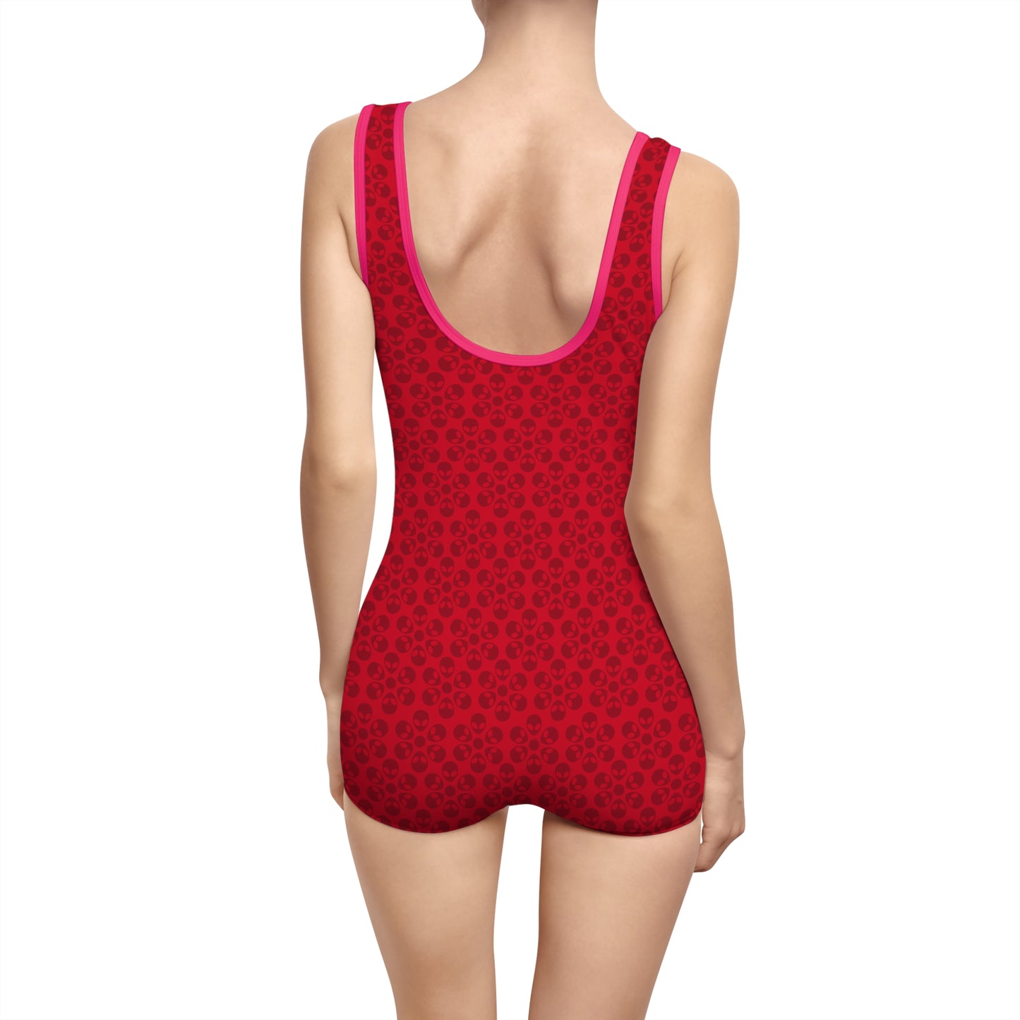 Womens Vintage Swimsuit  Alien Flowers Dark Red