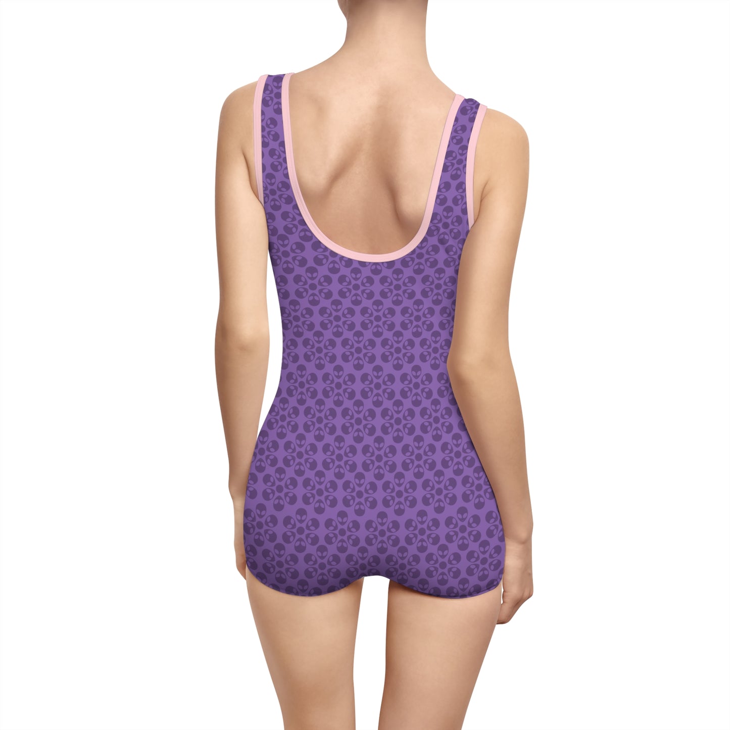 Womens Vintage Swimsuit  Alien Flowers Light Purple