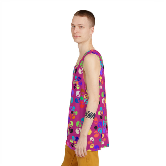 Colorful Alien Print Mens Tank  Summer Fashion Festival Wear Casual Top Graphic Tee Vibrant Style Unique Gift Alien Rainbow Flowers Pink