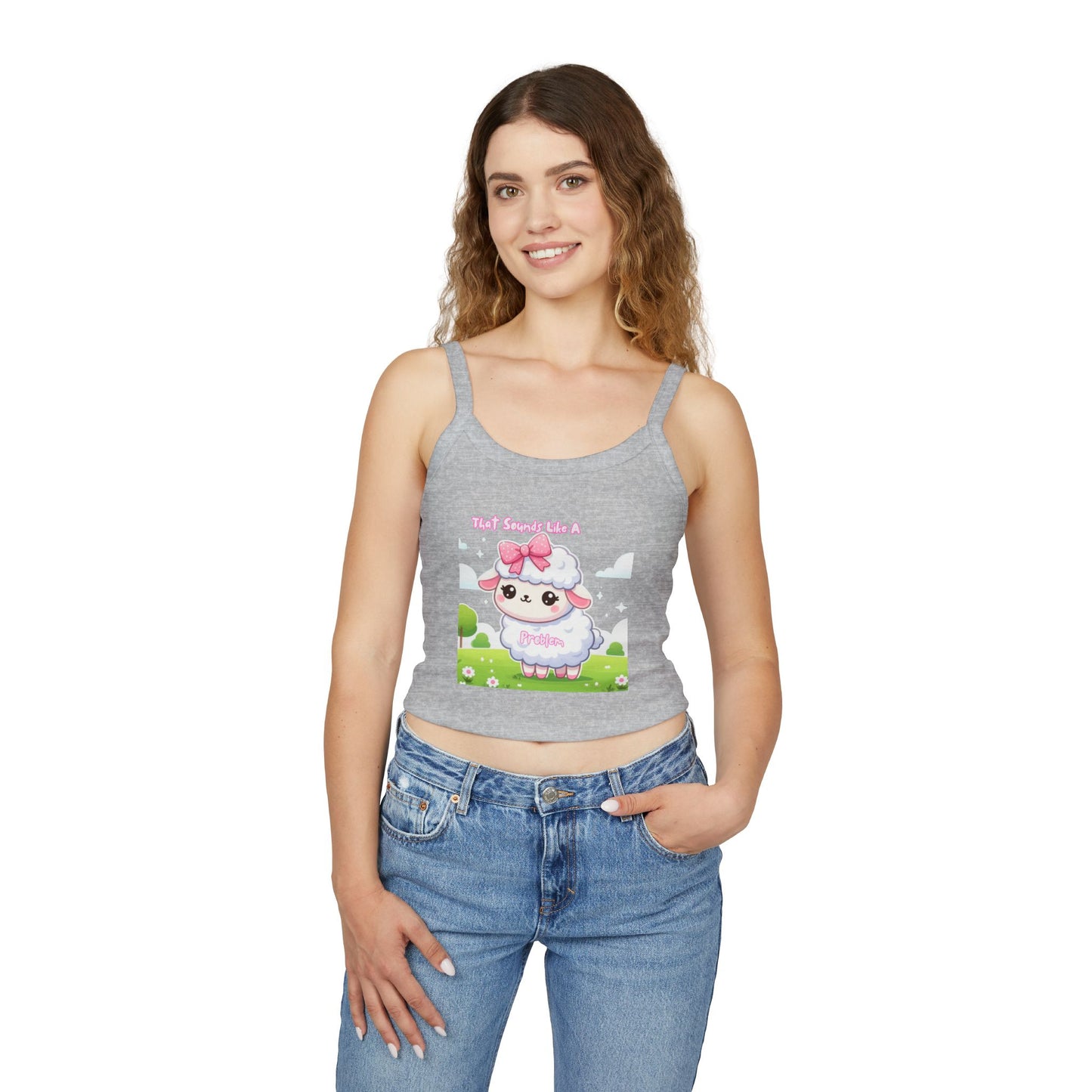 Cute Sheep Graphic Women&#039;s Spaghetti Strap Tank Top - Fun & Playful Design for Spring/Summer