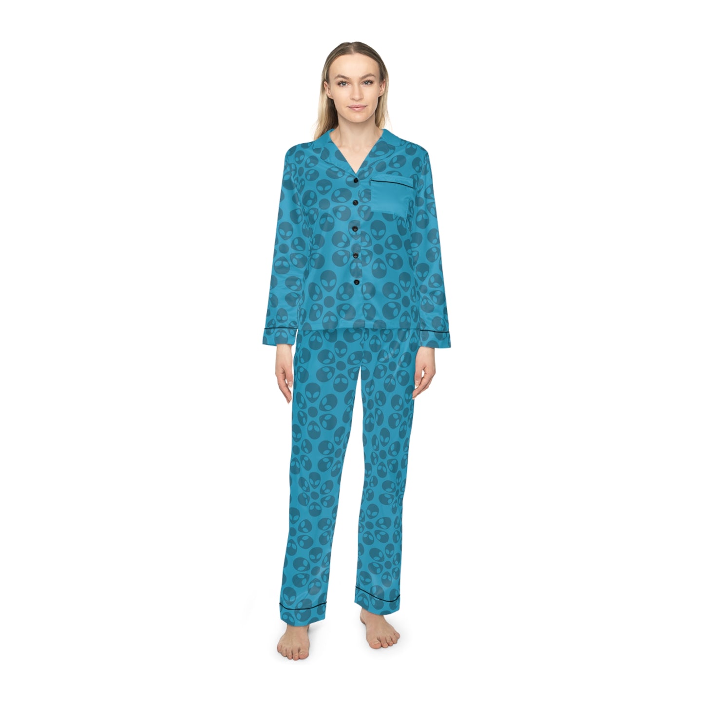 Womens Satin Pajamas  Alien Flowers Turquoise