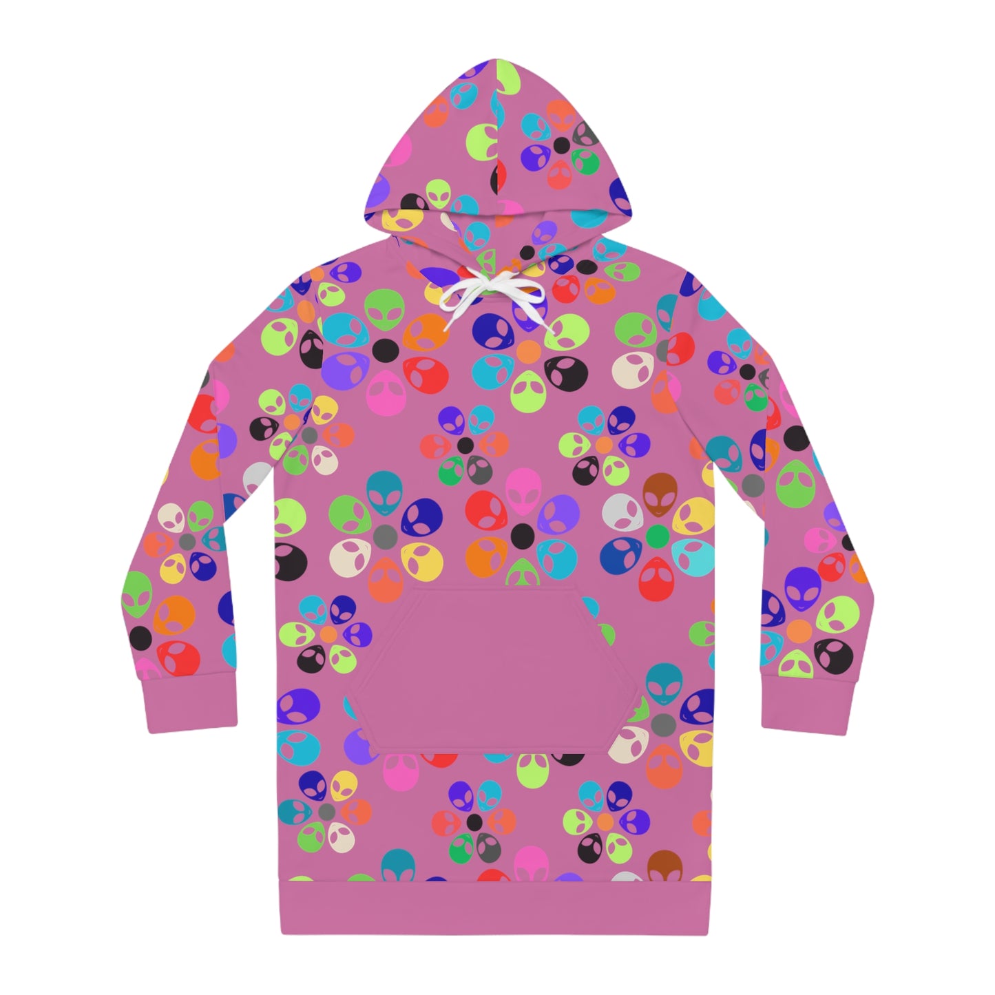 Colorful Alien Floral Womens Hoodie Dress Trendy Casualwear Halloween Fashion Unique Gift for Her Fun Everyday Style Alien Rainbow Flowers Light Pink