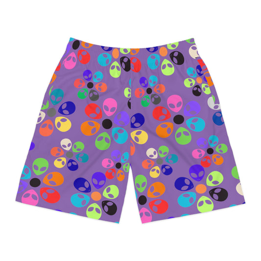 Colorful Alien Print Mens Jogger Shorts Cool Summer Shorts Festival Wear Beach Shorts Trendy Casual Shorts Alien Rainbow Flowers Light Purple