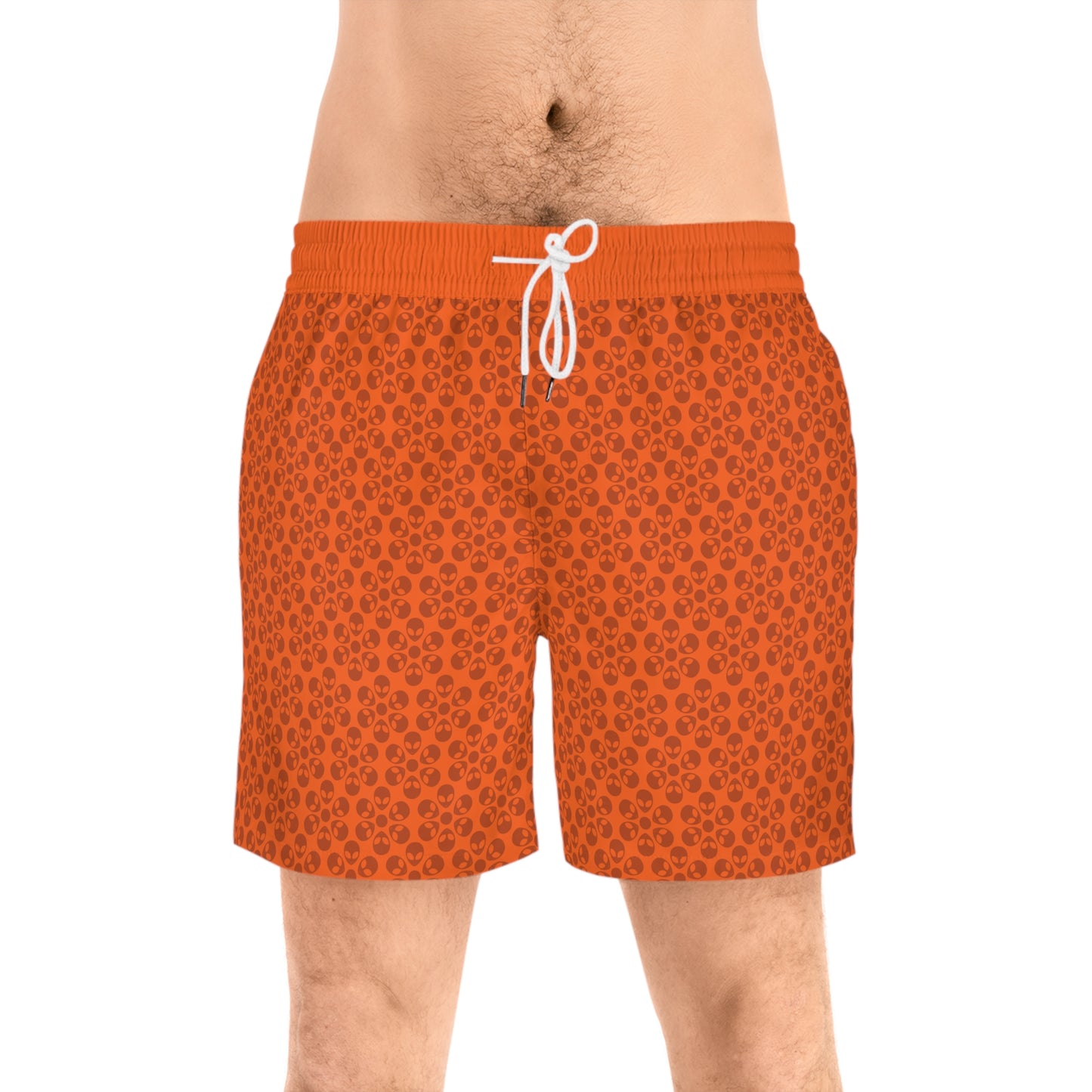 Stylish Mens MidLength Swim Shorts Beachwear Vacation Essentials Poolside Comfort Summer Outfit Trendy Swimwear Alien Flowers Orange