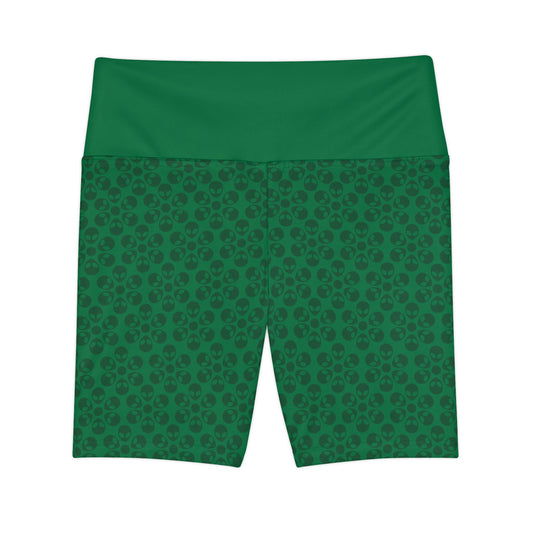 Womens Workout Shorts  Alien Flowers Dark Green