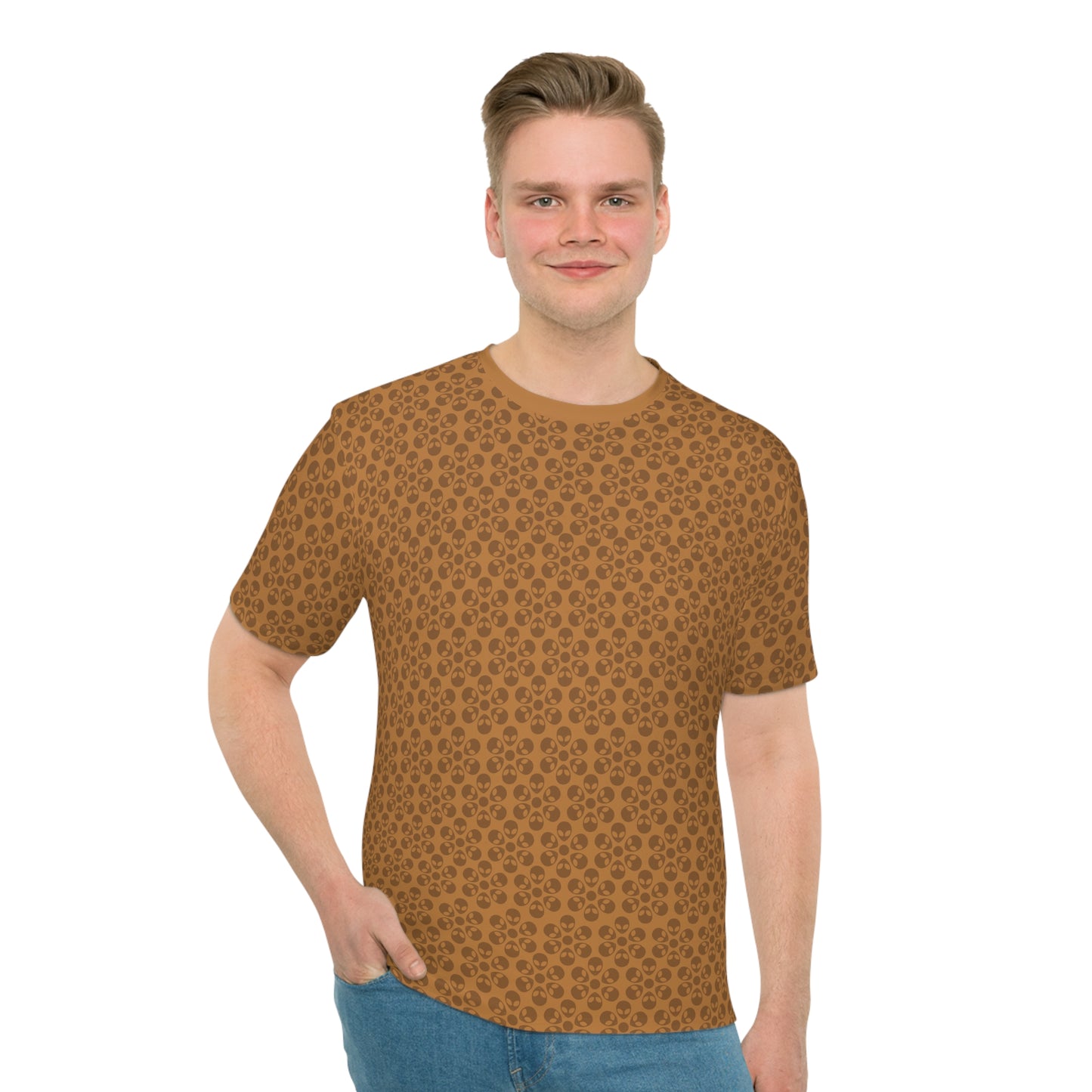 Mens Casual Graphic Tee Stylish Loose Tshirt Gift for Him Summer Fashion Relaxed Fit Wear Alien Flowers Light Brown