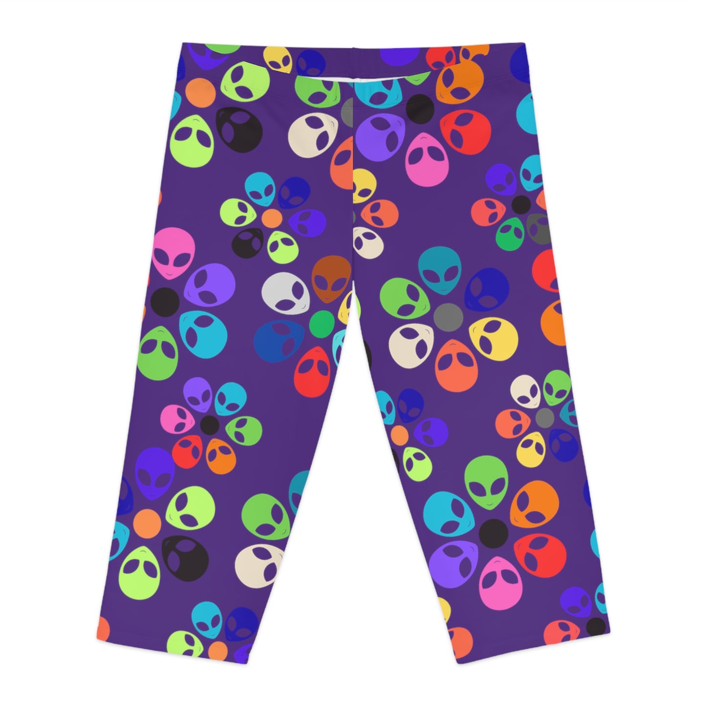 Colorful Alien Floral Capri Leggings Fun Fitness Pants Yoga Wear Unique Beachwear Festival Style Casual Summer Outfit Alien Rainbow Flowers Purple