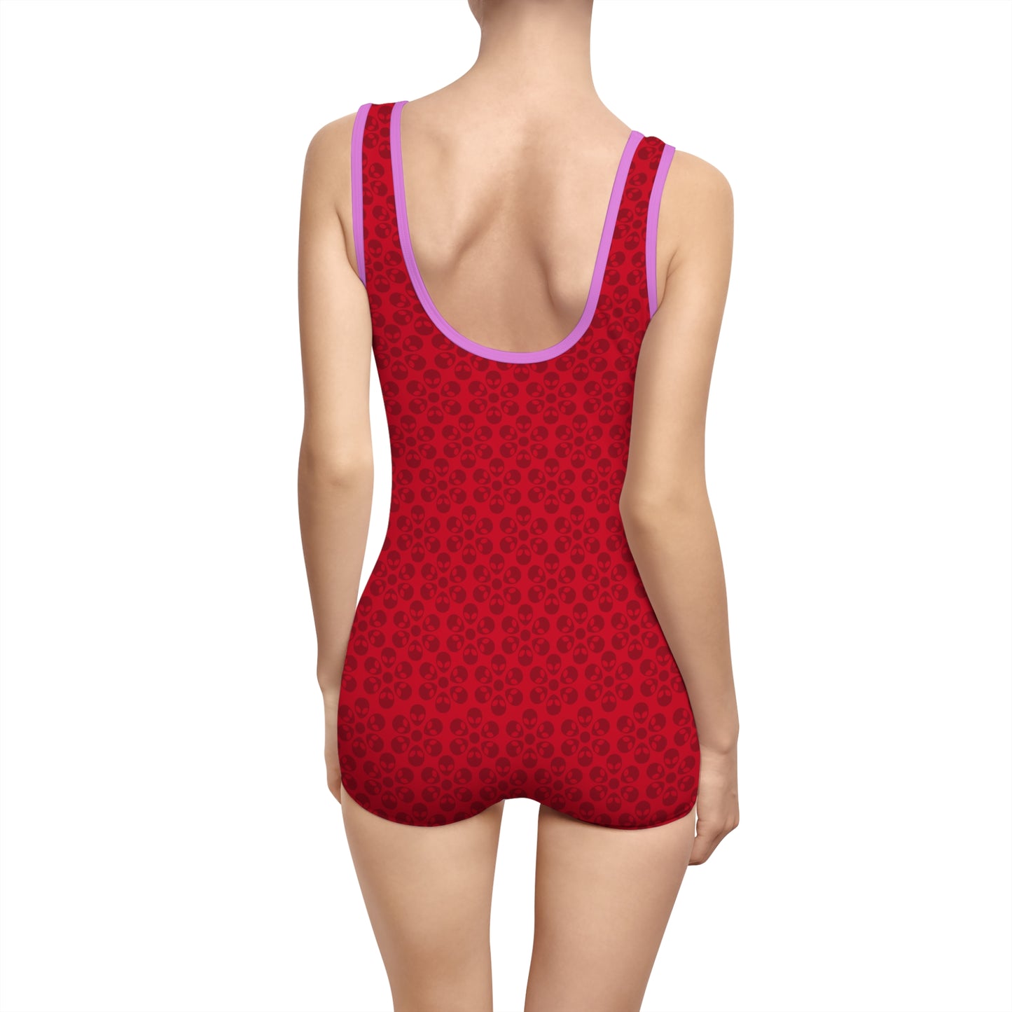 Womens Vintage Swimsuit  Alien Flowers Dark Red