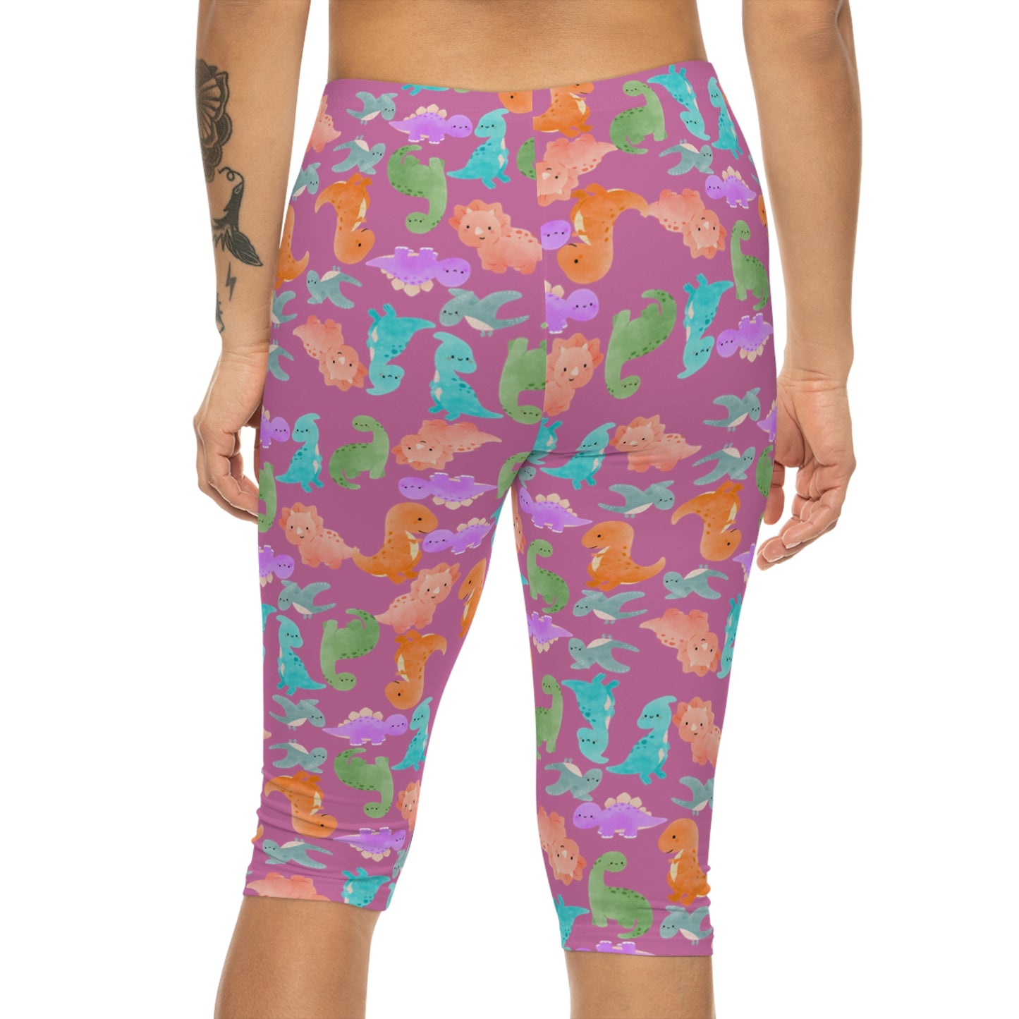 Women’s Capri Leggings  Rainbow Dinos Light Pink
