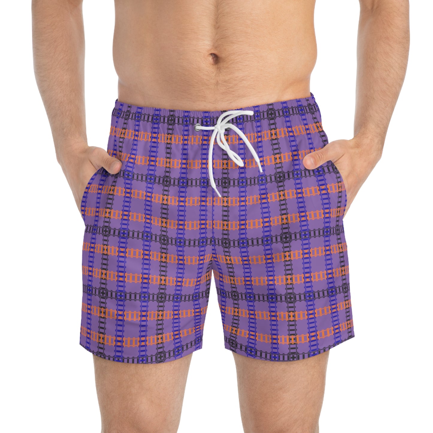 Vibrant Checkered Swim Trunks Beachwear for Summer Fun Vacation Essential Pool Party MustHave Mens Swim Shorts Train Tracks Light Purple