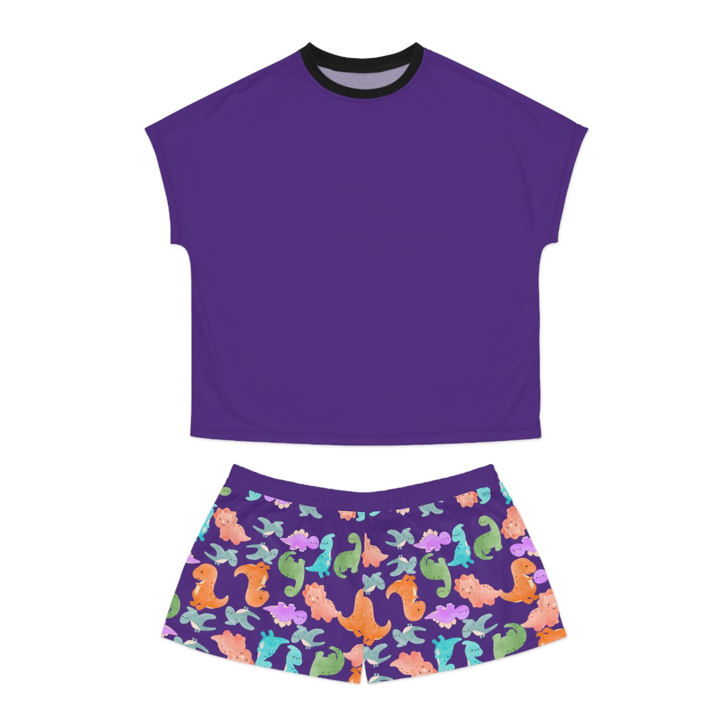 Womens Dinosaur Print Pajama Set Cozy Sleepwear Perfect for Relaxation Gift for Her Cute Loungewear Summer Nights Dinosaur Lovers Rainbow Dinos Purple