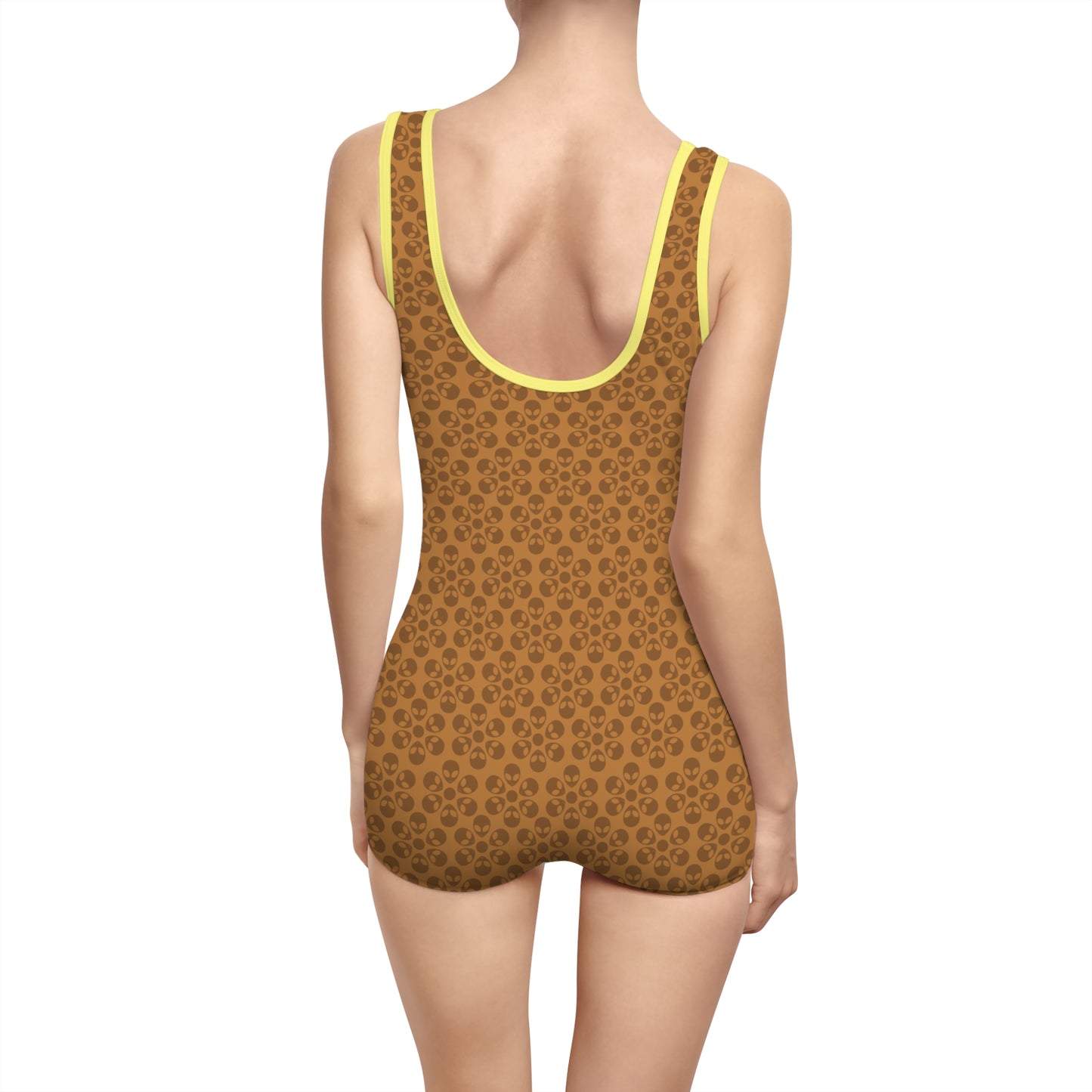 Womens Vintage Swimsuit  Alien Flowers Light Brown