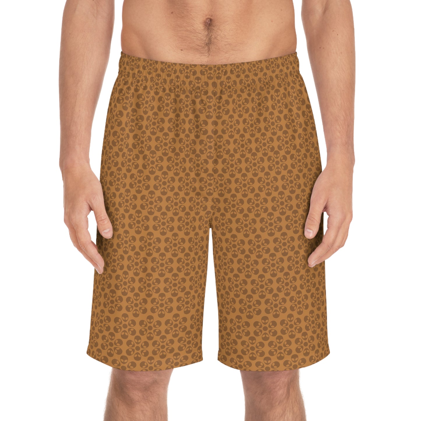 Mens Floral Print Board Shorts Summer Swimwear Beach Attire Vacation Ready Casual Everyday Shorts Alien Flowers Light Brown