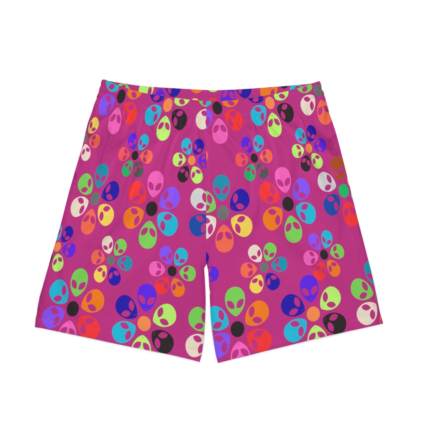 Colorful Alien Print Beach Shorts Mens Beachwear Casual Summer Shorts Vacation Swim Trunks Fun Festival Outfit Alien Rainbow Flowers Pink