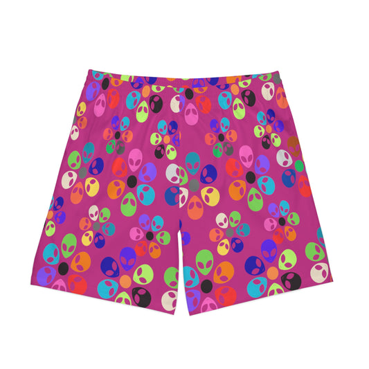 Colorful Alien Print Beach Shorts Mens Beachwear Casual Summer Shorts Vacation Swim Trunks Fun Festival Outfit Alien Rainbow Flowers Pink