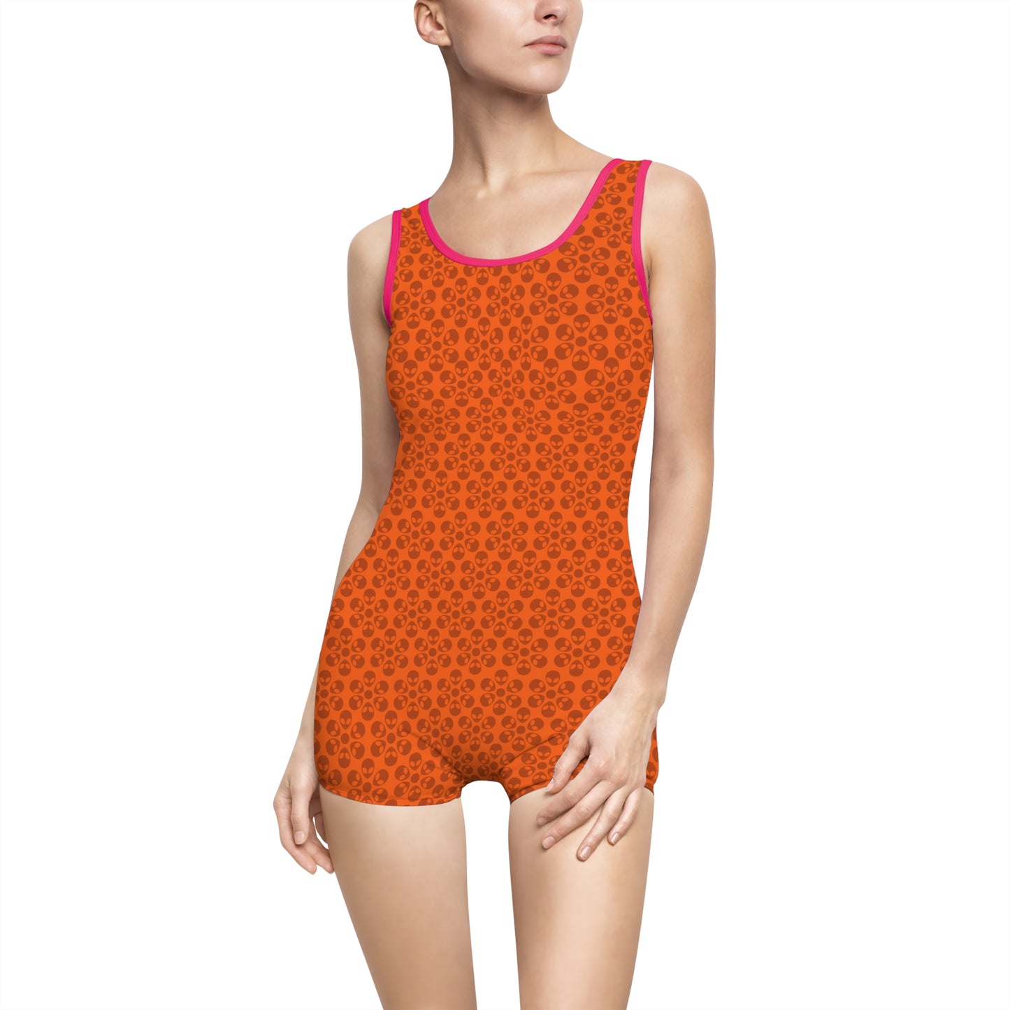 Womens Vintage Swimsuit  Alien Flowers Orange