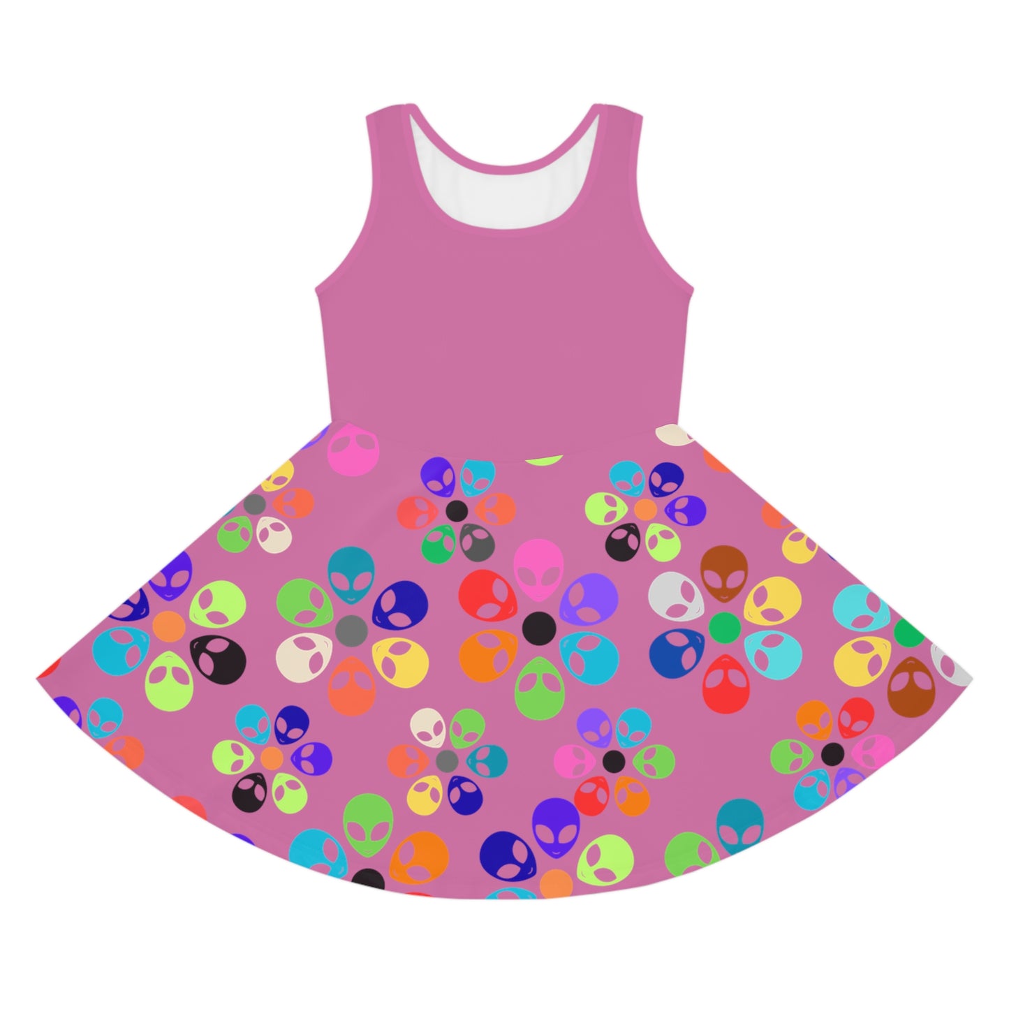 Colorful Alien Print Girls Sundress Summer Dress Kids Fashion Birthday Outfit Playful Dress Unique Gifts for Girls Alien Rainbow Flowers Light Pink
