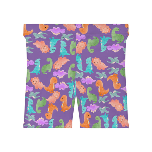 Colorful Dinosaur Womens Biker Shorts  AOP Perfect for Casual Wear workout Summer Birthdays Playdates Unique Gift Rainbow Dinos Light Purple