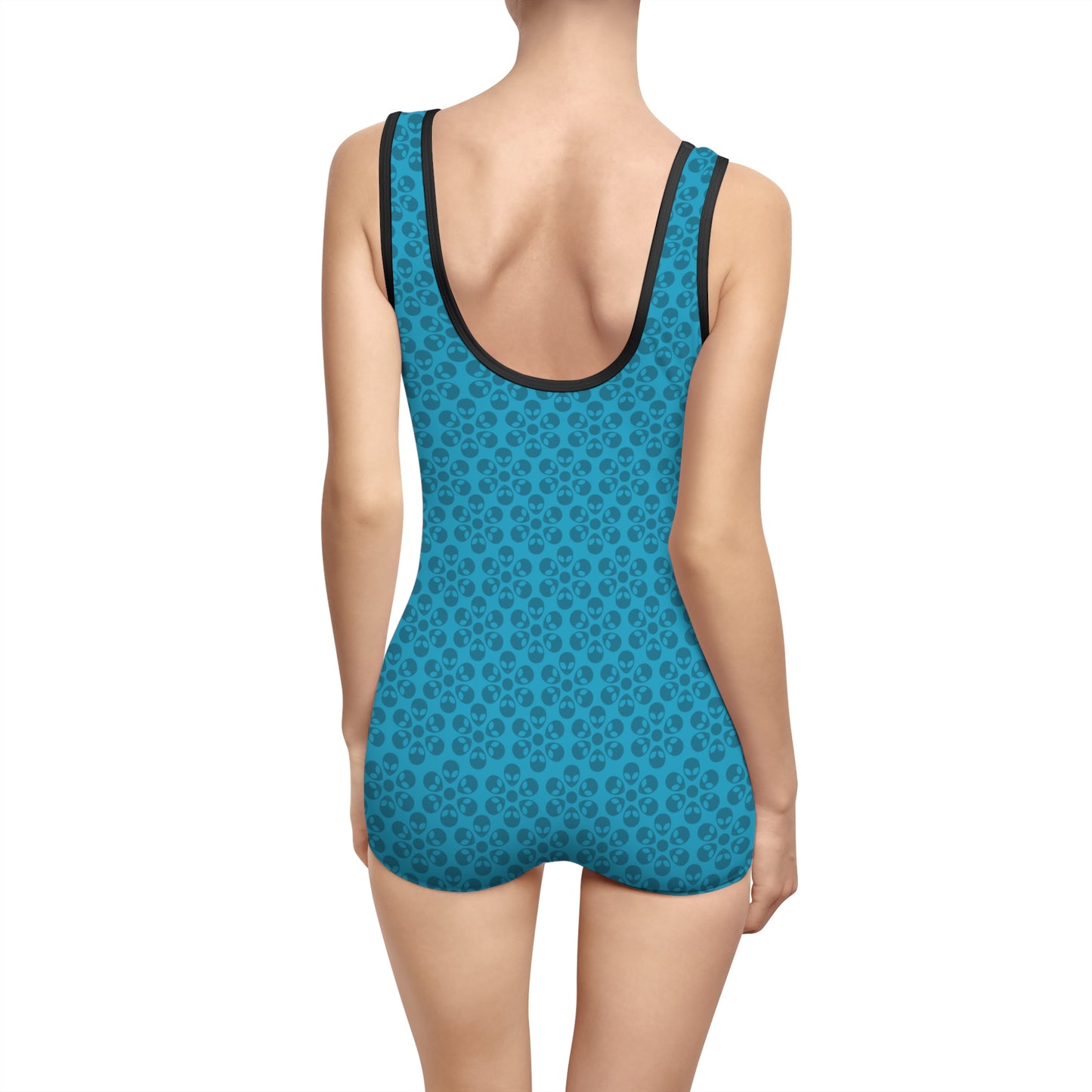 Womens Vintage Swimsuit  Alien Flowers Turquoise