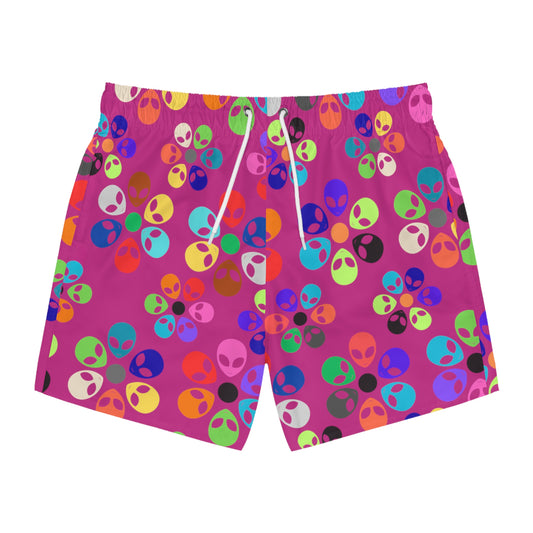 Colorful Alien Print Swim Trunks Fun Summer Beach Shorts Kids Swimwear Vacation Essentials Pool Party Attire Unique Summer Gift Alien Rainbow Flowers Pink