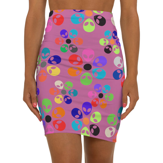 Colorful Alien Print Pencil Skirt Fun Trendy Skirt for Parties Women’s Everyday Wear Quirky Fashion Unique Gift Idea Alien Rainbow Flowers Light Pink