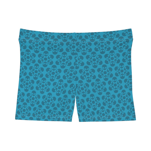 Alien Pattern Womens Shorts for Casual Summer Days Beach Wear Festival Outfit Relaxed Style Alien Flowers Turquoise