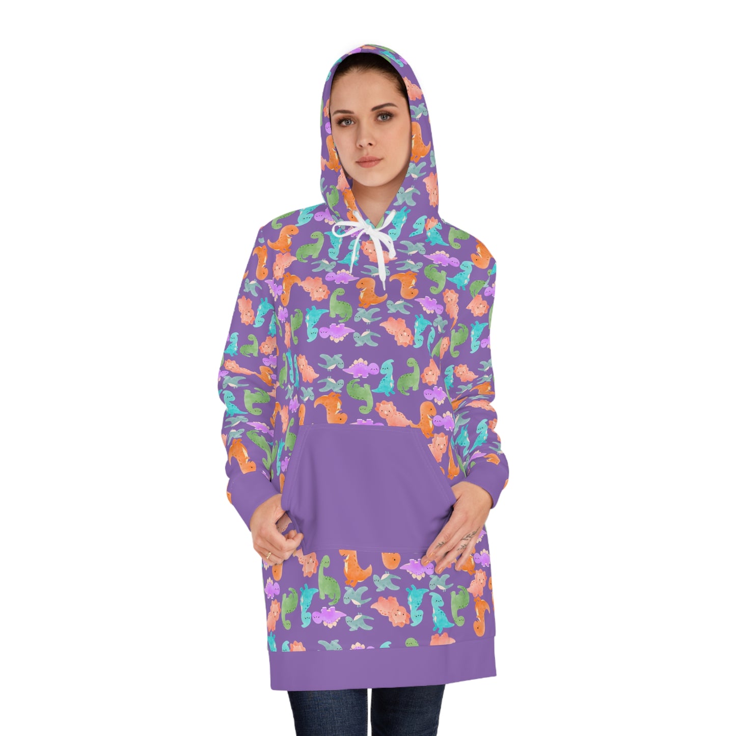 Womens Hoodie Dress Rainbow Dinos Light Purple