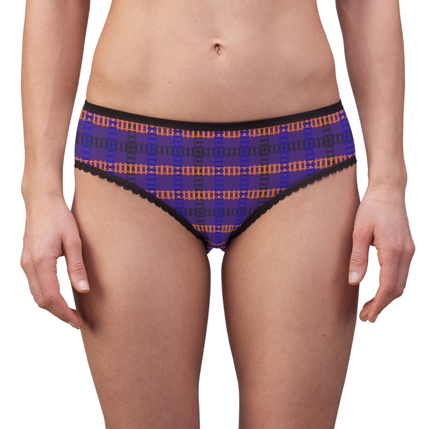 Colorful Patterned Womens Briefs with Lace Trim Comfortable Everyday Panties Unique Gifts for Her Fashionable Loungewear Fun and [...] Train Tracks Purple