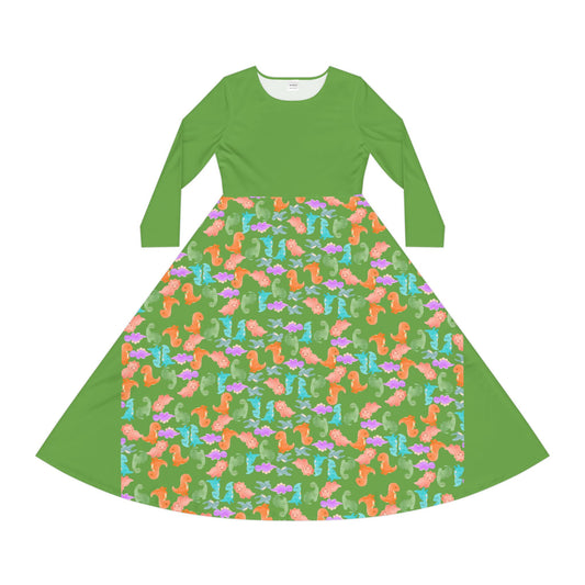 Colorful Long Sleeve Dance Dress Perfect for Parties Dance Events Spring Celebrations Playful Kids Dress Trendy Casual Wear Rainbow Dinos Green