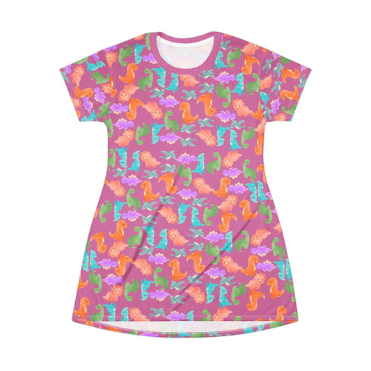 Colorful Dino TShirt Dress Beachwear Summer Dress Casual Outfit Gift for Her Sea Life Fashion Rainbow Dinos Light Pink