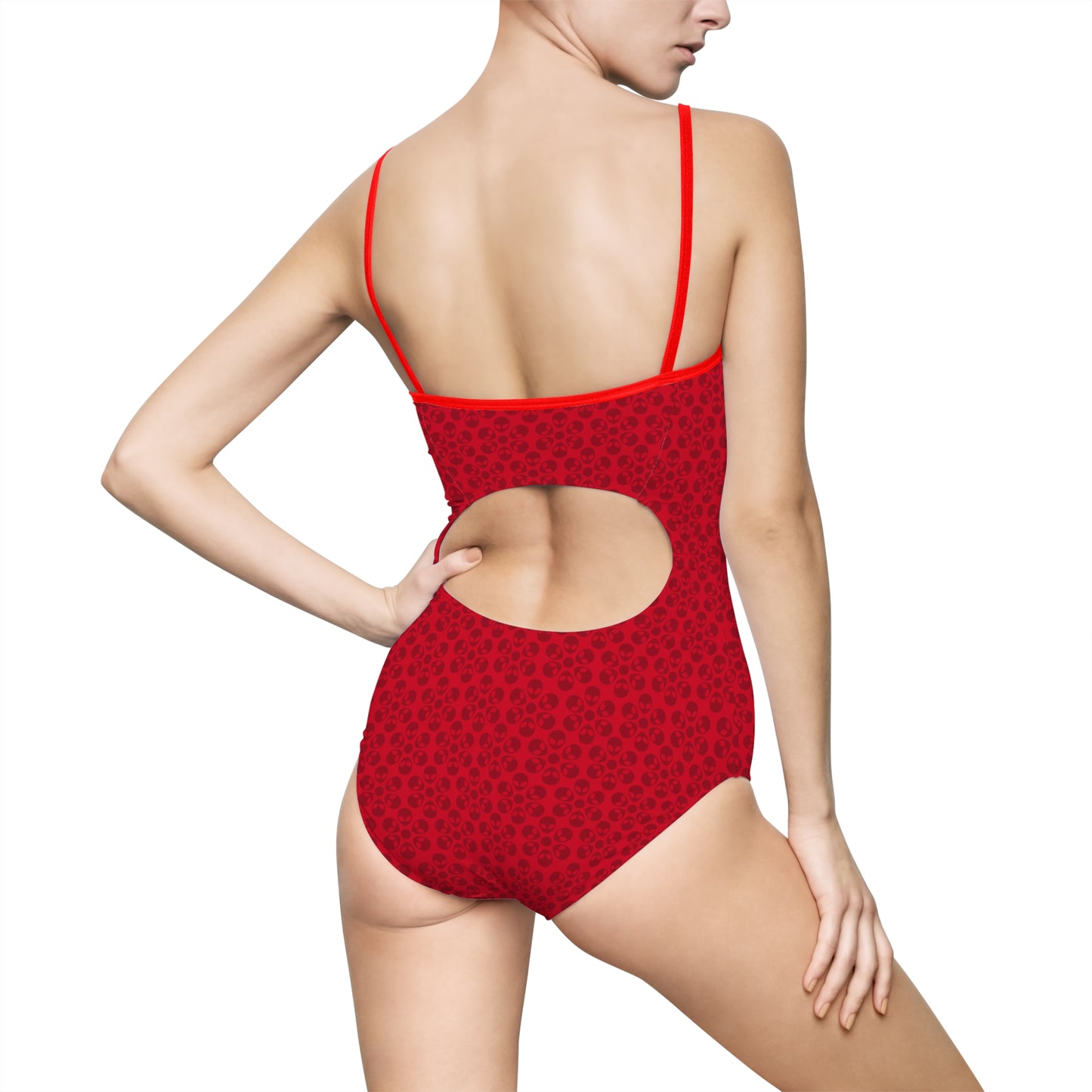 Womens Onepiece Swimsuit  Alien Flowers Dark Red