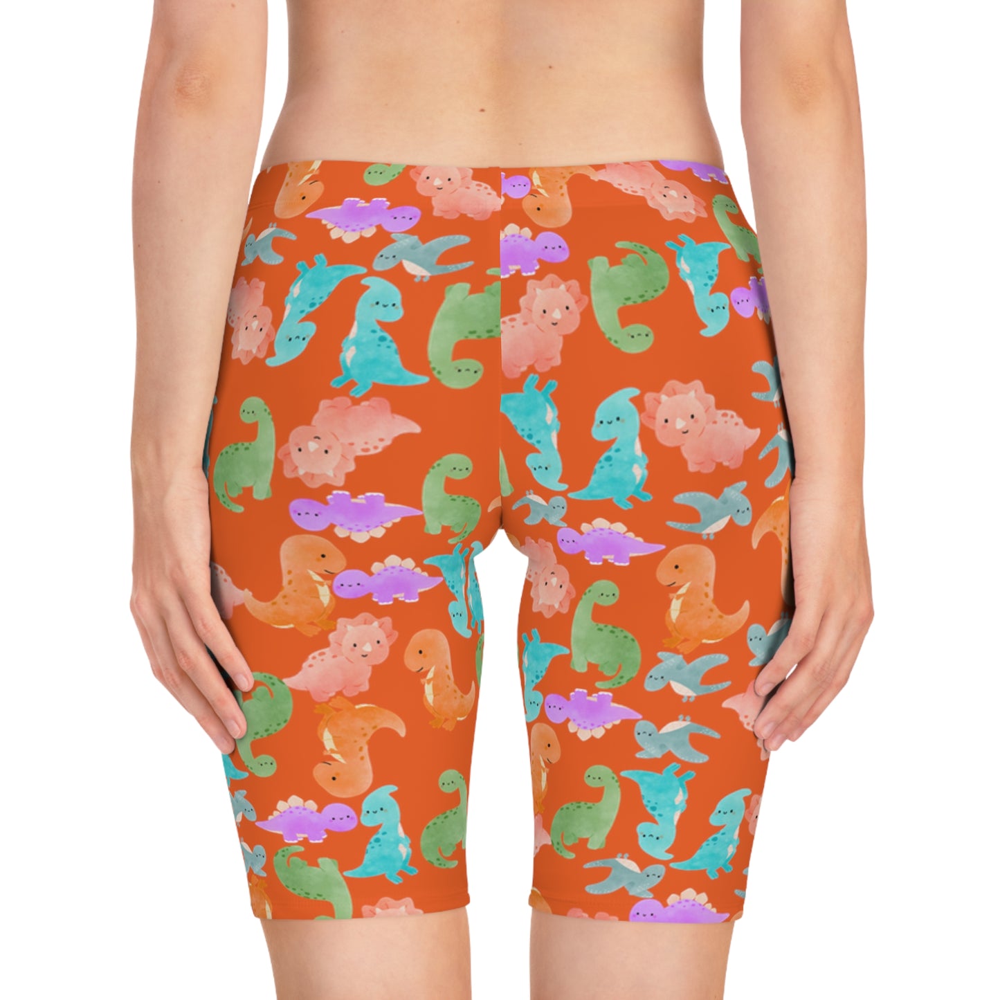 Womens Bike Shorts  Rainbow Dinos Orange
