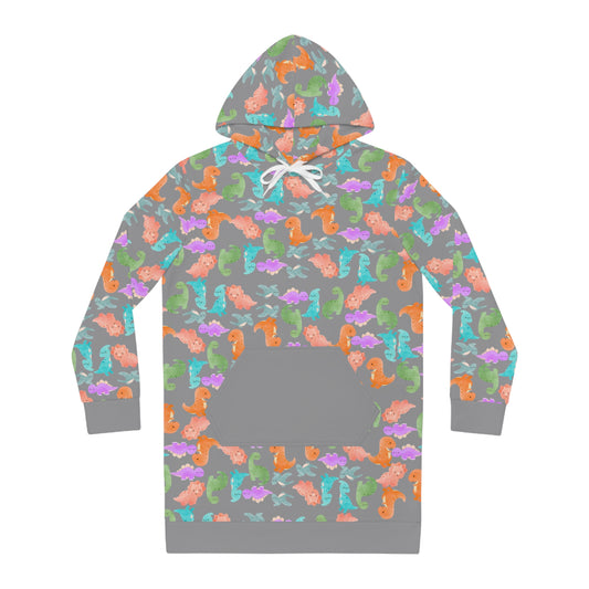 Womens Hoodie Dress Rainbow Dinos Grey