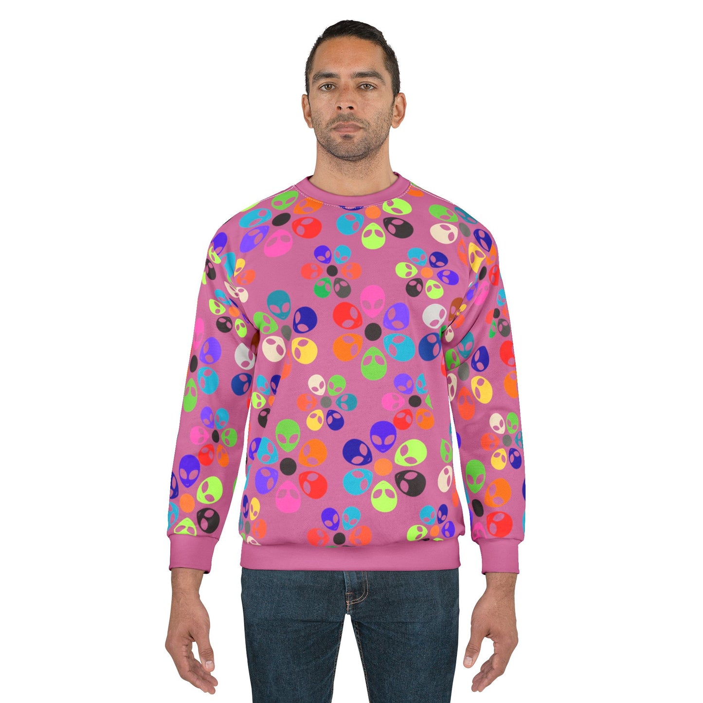 Colorful Alien Graphic Unisex Sweatshirt Fun and Quirky Sweater for Casual Wear Gift for SciFi Lovers Unisex Fashion Trendy Streetwear Alien Rainbow Flowers Light Pink