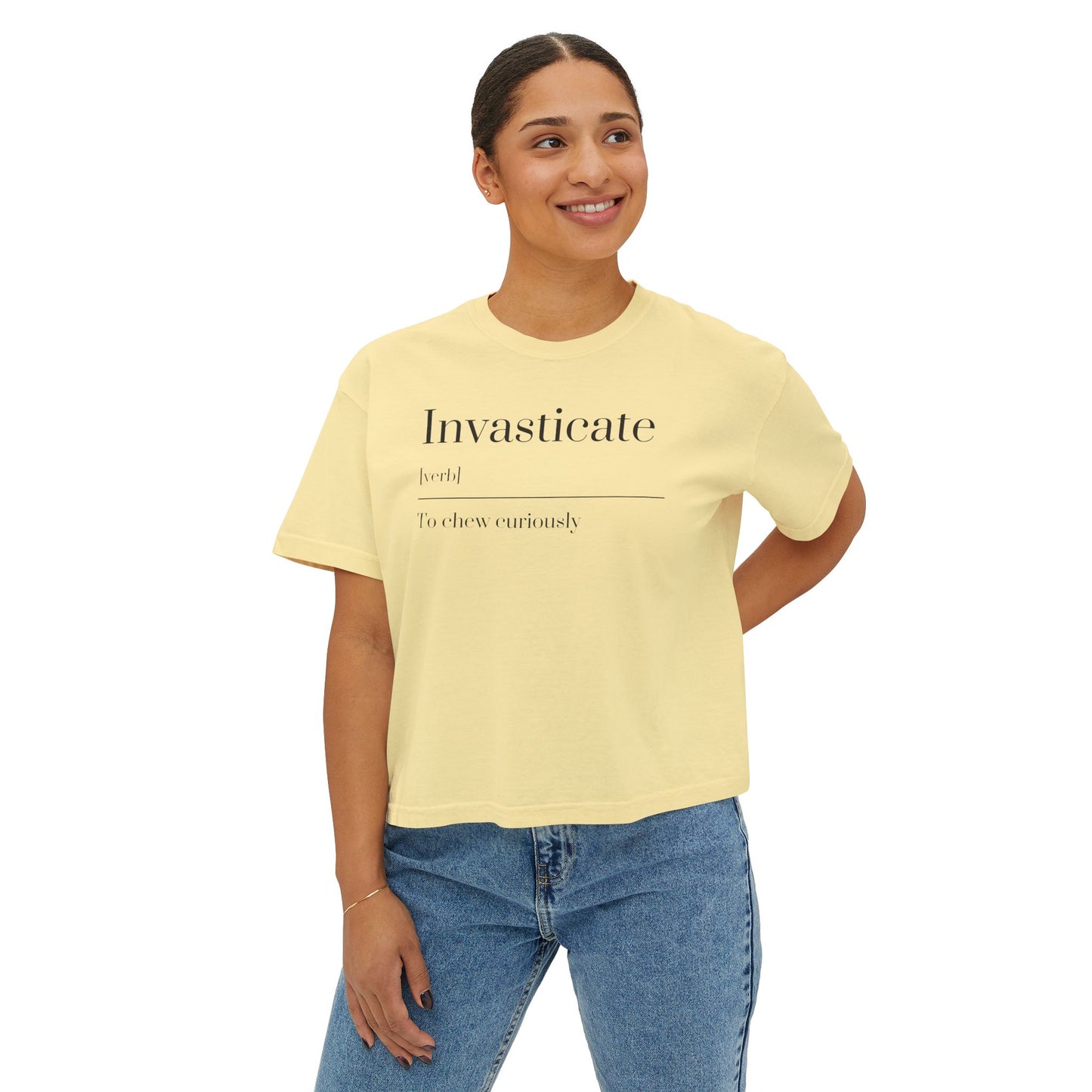 Curious Adventure Women's Boxy Tee, Casual Summer Top, Gift for Foodies, Vintage Inspired Shirt, Chew Curiously Tee