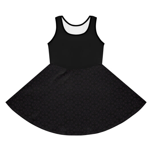 Girls Floral Sleeveless Sundress Cute Summer Dress Kids Fashion Birthday Outfit Playful Floral Pattern Spring Dress Alien Flowers Black