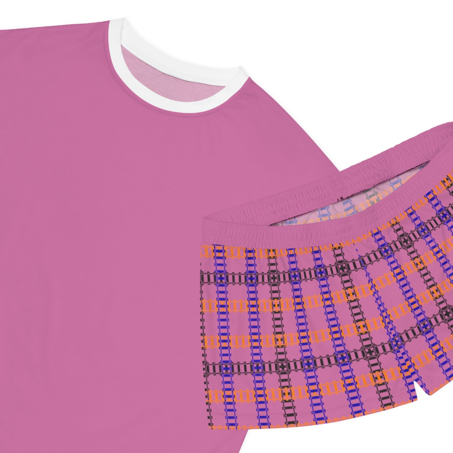 Cozy Womens Pajama Set for Relaxation Sleepwear Loungewear Gift for Her Stylish AOP Design Train Tracks Light Pink