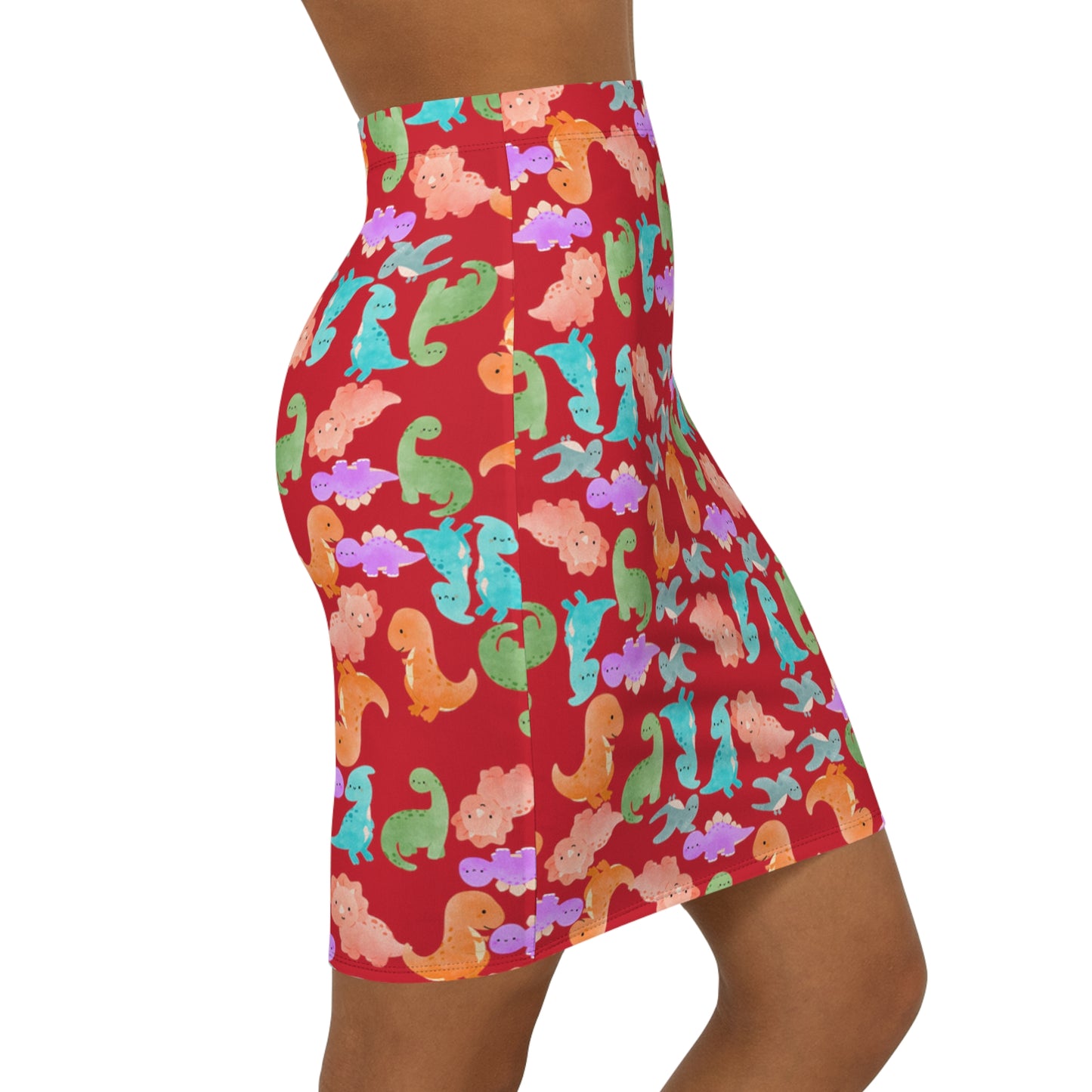 Dinosaur Print MidWaist Pencil Skirt for Fun and Playful Style Womens Skirt Cute Skirt Fashionable Skirt Casual Skirt Gift Idea Rainbow Dinos Dark Red