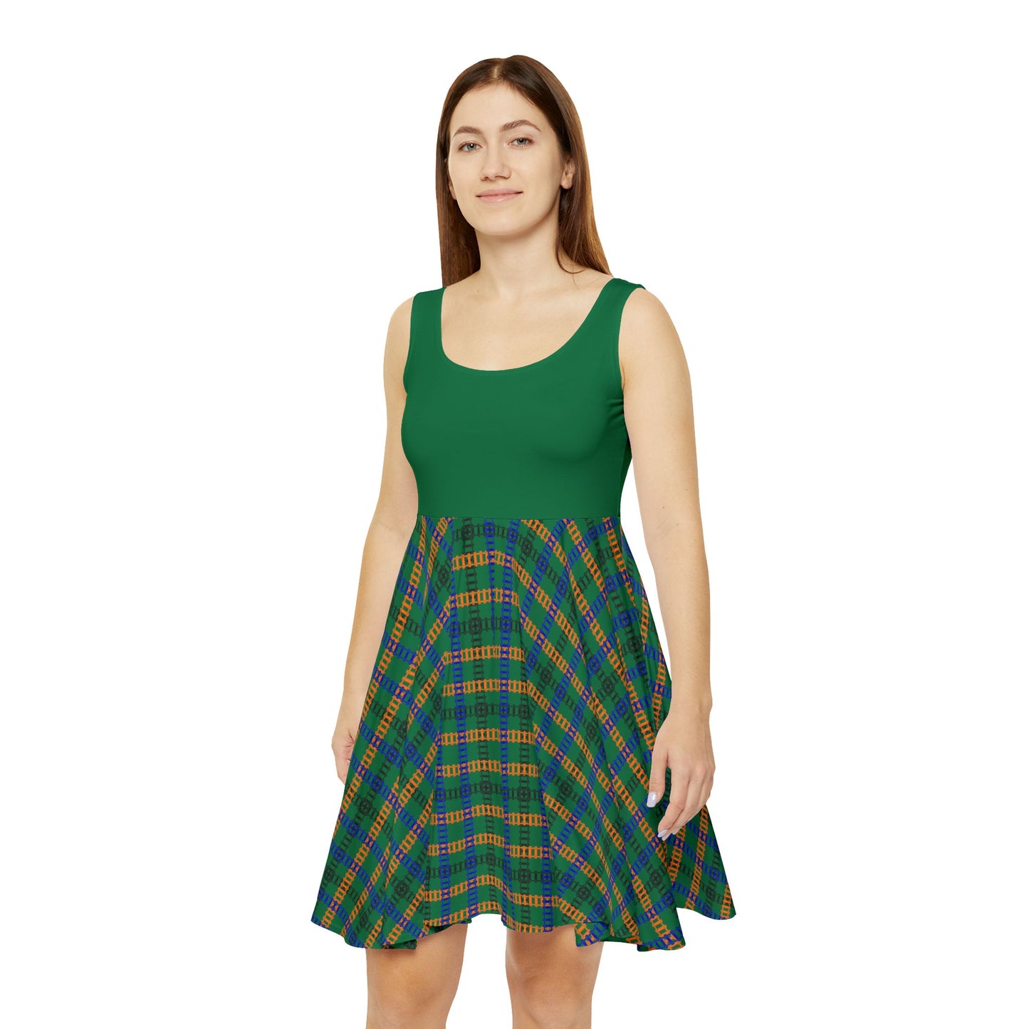 Chic Womens Skater Dress Plaid AOP Dress for Everyday Wear Summer Party Dress Casual Outing Festival Fashion Gift for Her Train Tracks Dark Green