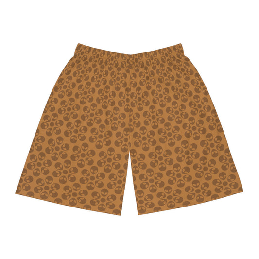 Trendy Skull Pattern Basketball Shorts Summer Activewear Sports Apparel Casual Wear Beach Shorts Gift for Basketball Lovers Alien Flowers Light Brown