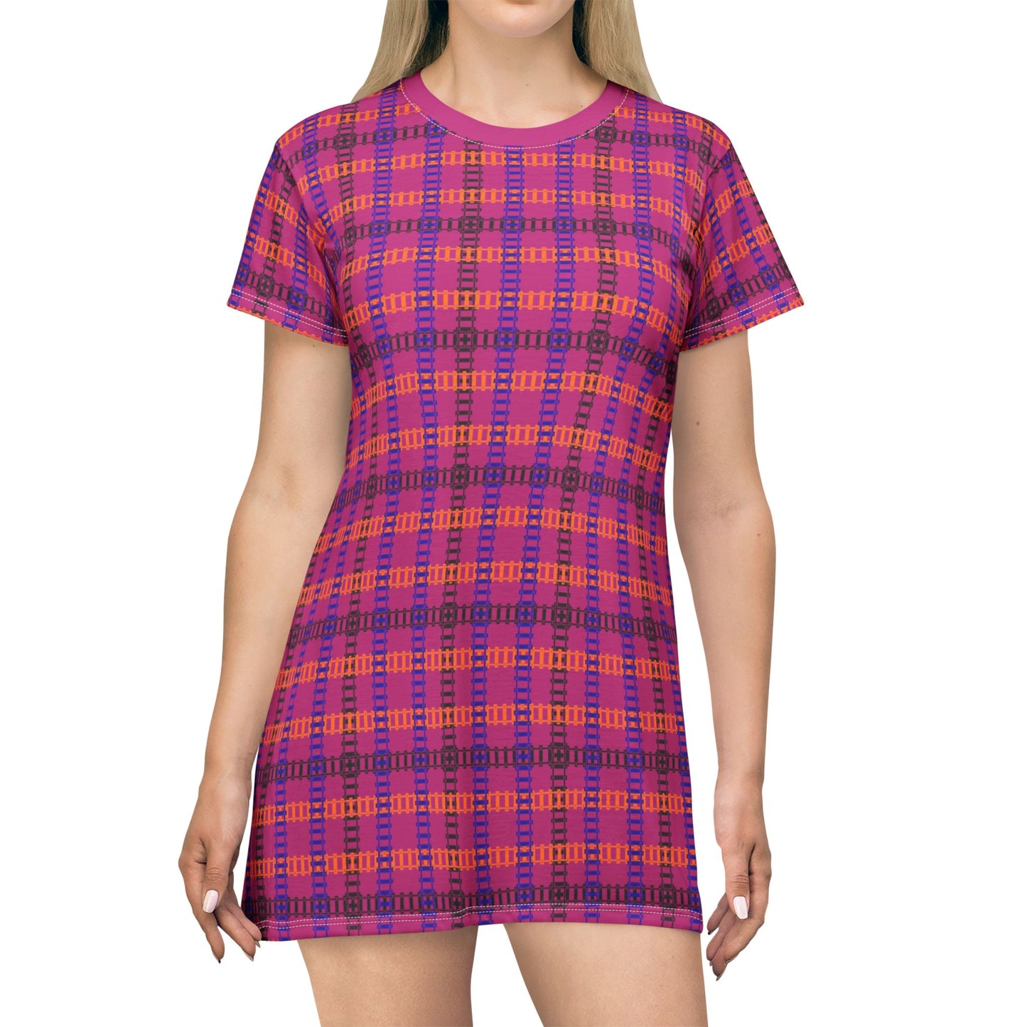 Vibrant Checkered TShirt Dress Casual Summer Dress Boho Fashion Everyday Wear Relaxed Fit Dress Colorful Outfit Train Tracks Pink