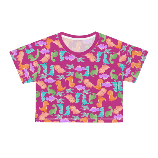 Whimsical Dinosaur Crop Tee for Kids Cheerful Summer Top Fun Gift for Dinosaur Lovers Playful TShirt for Birthdays Trendy Casual Wear Rainbow Dinos Pink