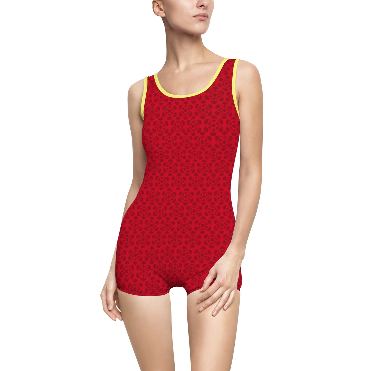 Womens Vintage Swimsuit  Alien Flowers Dark Red
