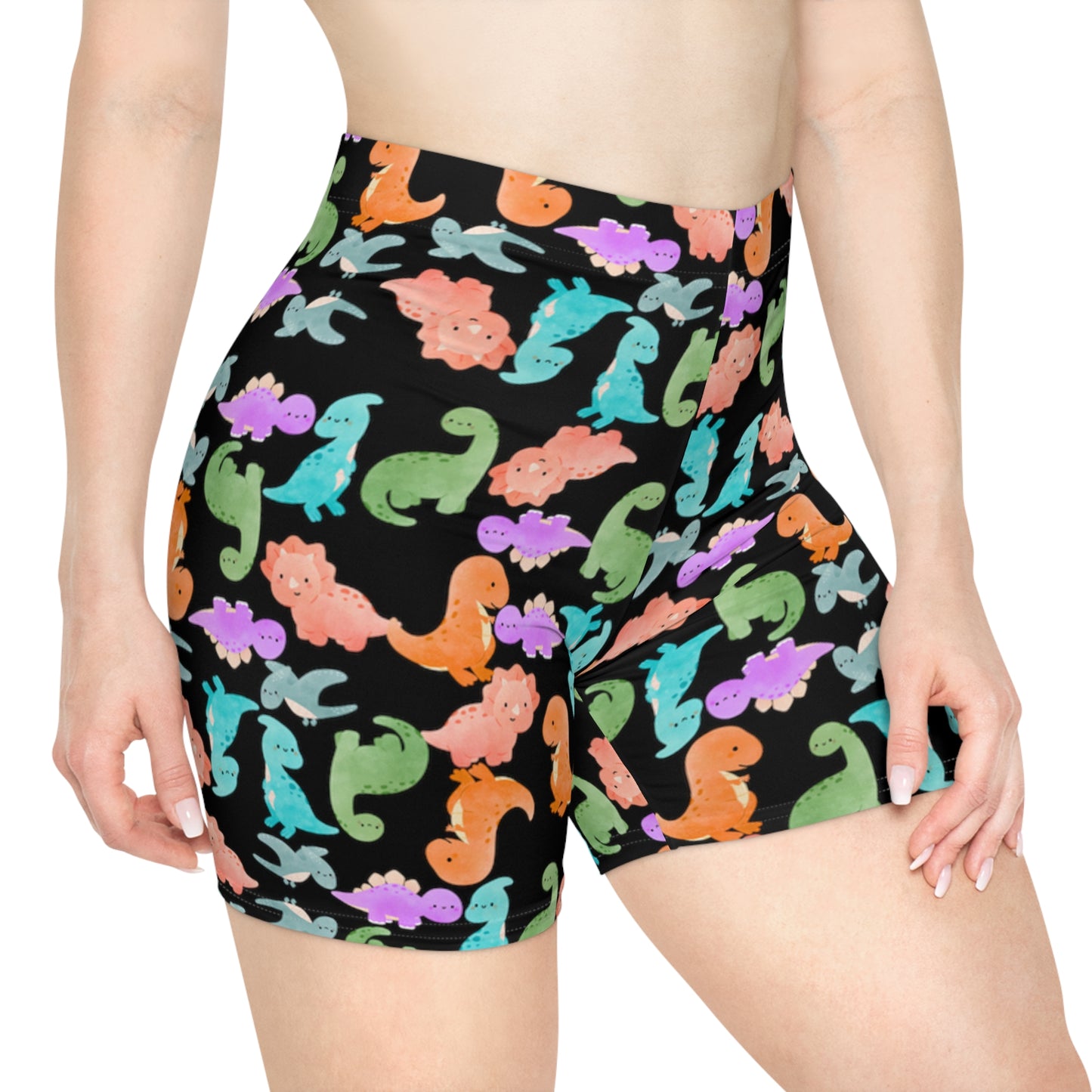 Colorful Dinosaur Womens Biker Shorts  AOP Perfect for Casual Wear workout Summer Birthdays Playdates Unique Gift Rainbow Dinos Black