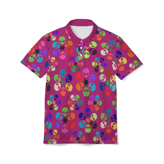 Colorful Alien Print Unisex Polo Shirt  Perfect for Festivals Holiday Parties Casual Wear Gift Ideas Unique Menswear Alien Rainbow Flowers Pink