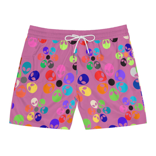 Colorful Alien Print Swim Shorts for Fun Summer Vibes Beachwear Pool Party Attire Vacation Essentials Mens Swimwear Alien Rainbow Flowers Light Pink