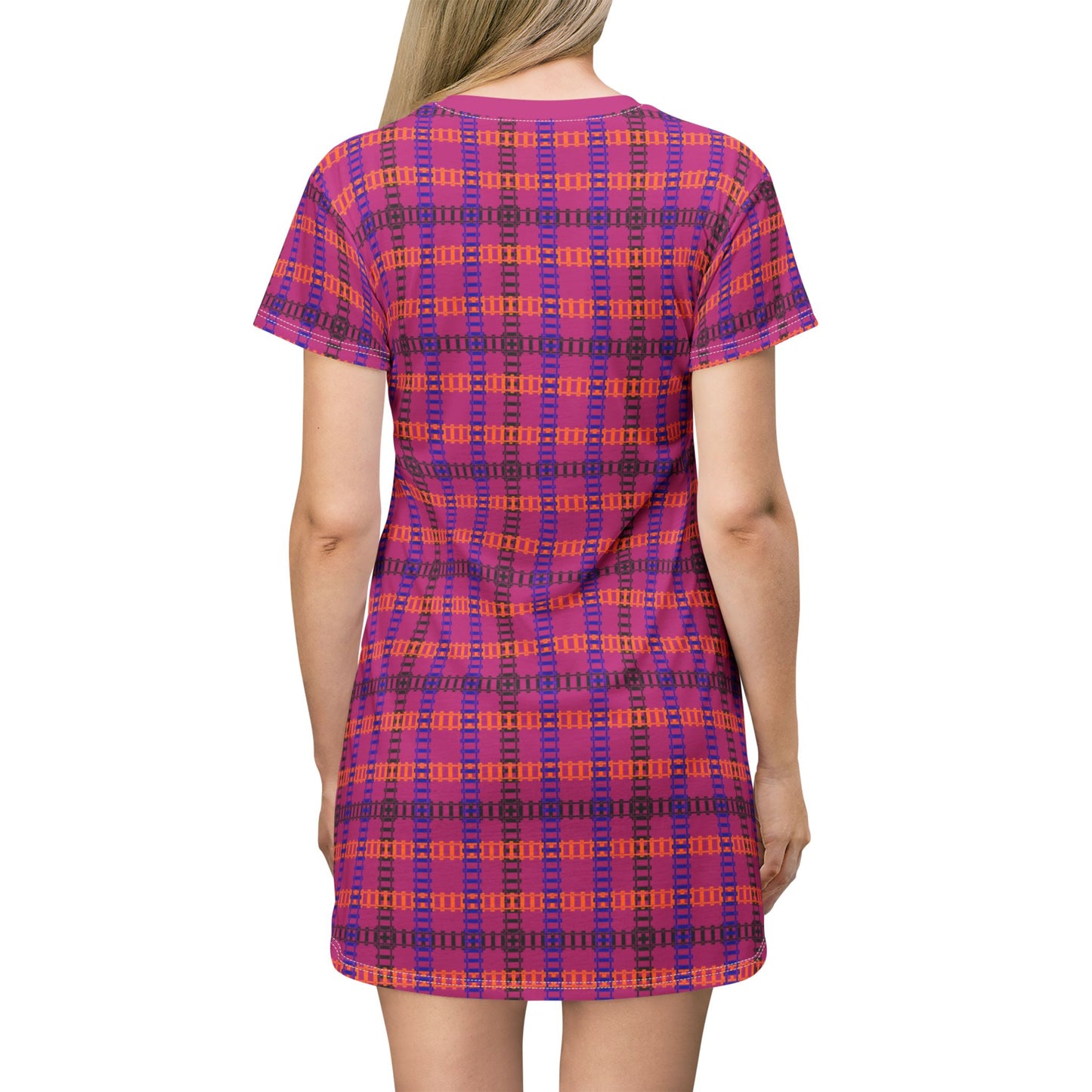 Vibrant Checkered TShirt Dress Casual Summer Dress Boho Fashion Everyday Wear Relaxed Fit Dress Colorful Outfit Train Tracks Pink