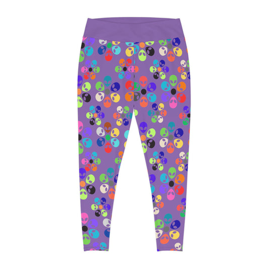Colorful Alien Print Plus Size Leggings Fun Fashion Plus Size Activewear Casual Wear Unique Gift Festival Pants Alien Rainbow Flowers Light Purple