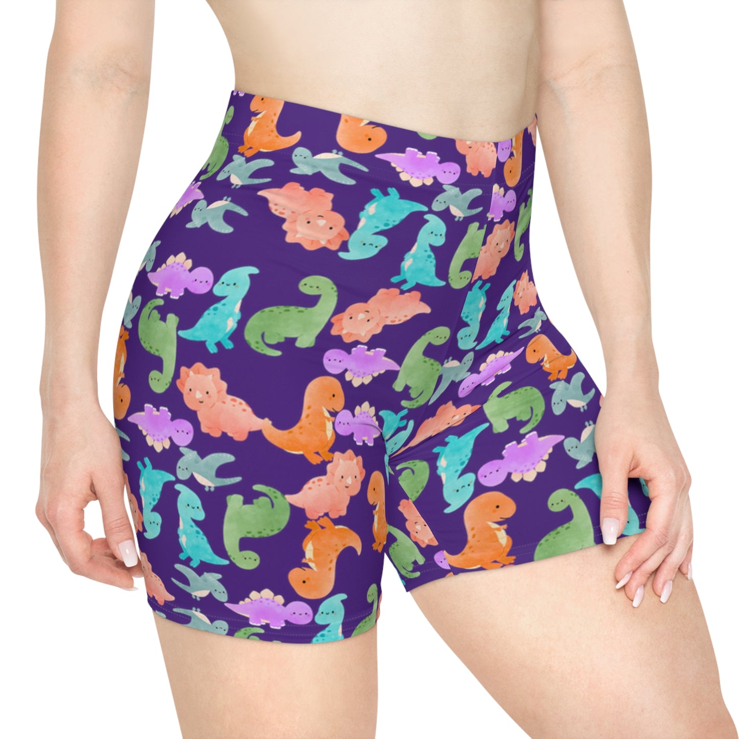 Colorful Dinosaur Womens Biker Shorts  AOP Perfect for Casual Wear workout Summer Birthdays Playdates Unique Gift Rainbow Dinos Purple