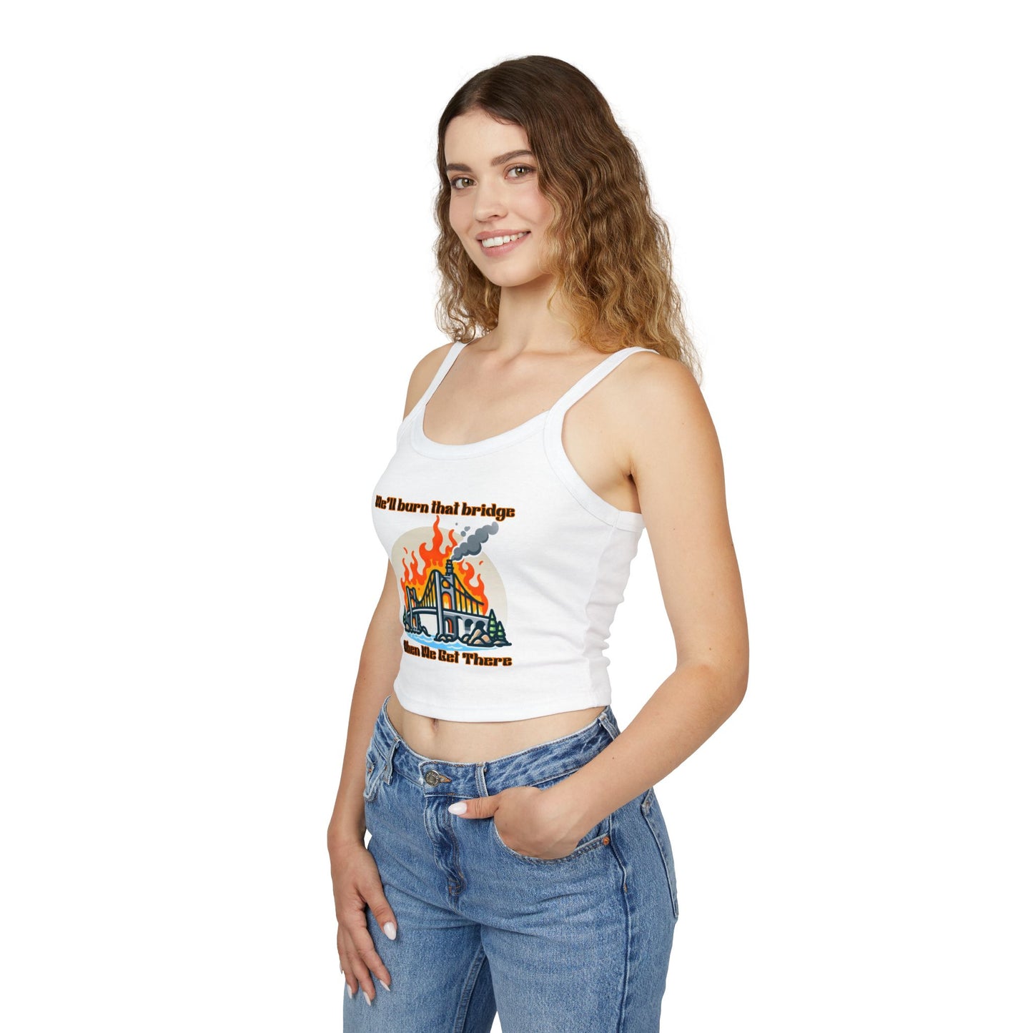 Fire Bridge Graphic Spaghetti Strap Tank Top - Casual Summer Apparel for Fun Days Out